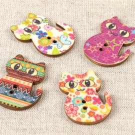 CAT WOODEN BUTTON WITH PRINTED MOTIVES