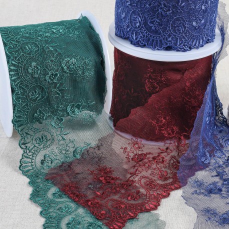 Bande De Tulle Brodé Bordeaux - Coupon De 2m80, Largeur 7 Cm, Pour Décoration