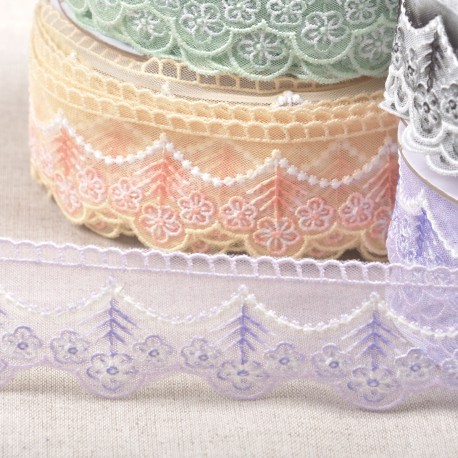 Galon Ancien Brodé Fleurs Roses Et Blanches - Ruban Décoratif Vintage - Occasion